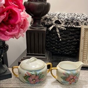Antique KPM Silesia Floral Sugar and Creamer Set with Gold Handles!